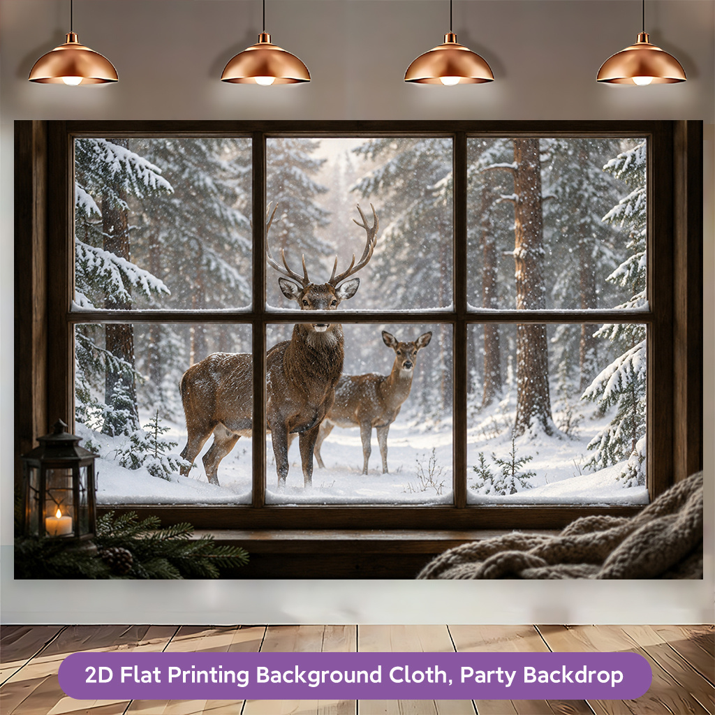 2D Flat Deer Standing Outside Window Photography Backdrop